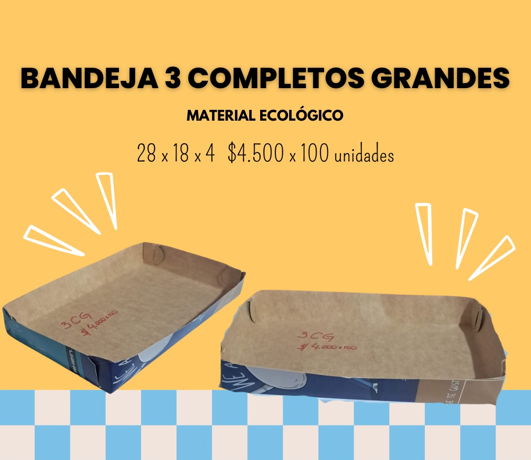 Bandeja 3 completos grandes, cartón ecológico