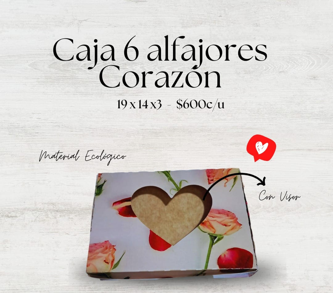 Caja 6 alfajor, diseño rosas con visor corazón